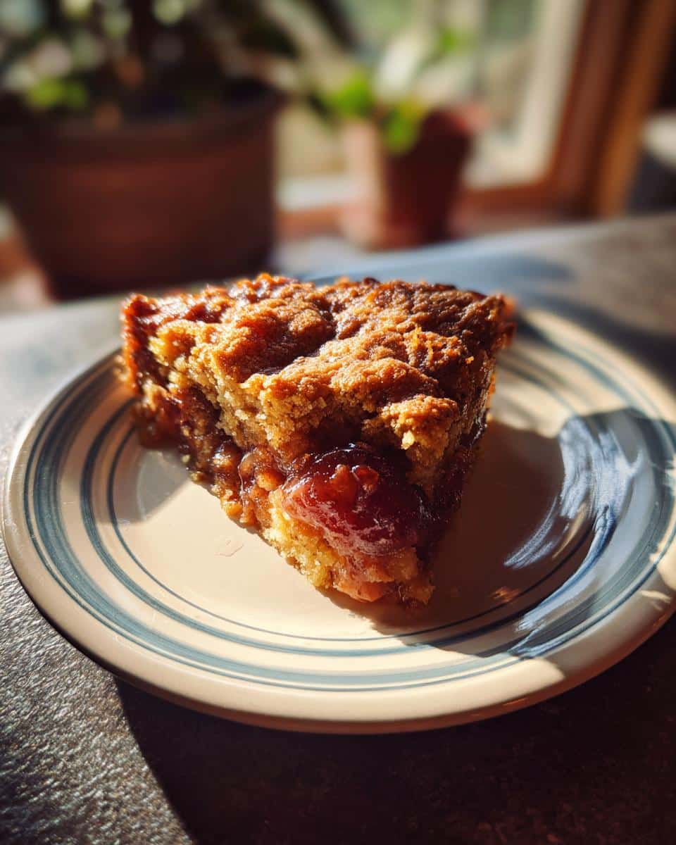A slice of Crock Pot Dump Cake on a plate, showcasing its fruit filling and crumbly topping.