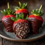 Four Easter chocolate covered strawberries on a plate, decorated with chocolate drizzle and sprinkles.
