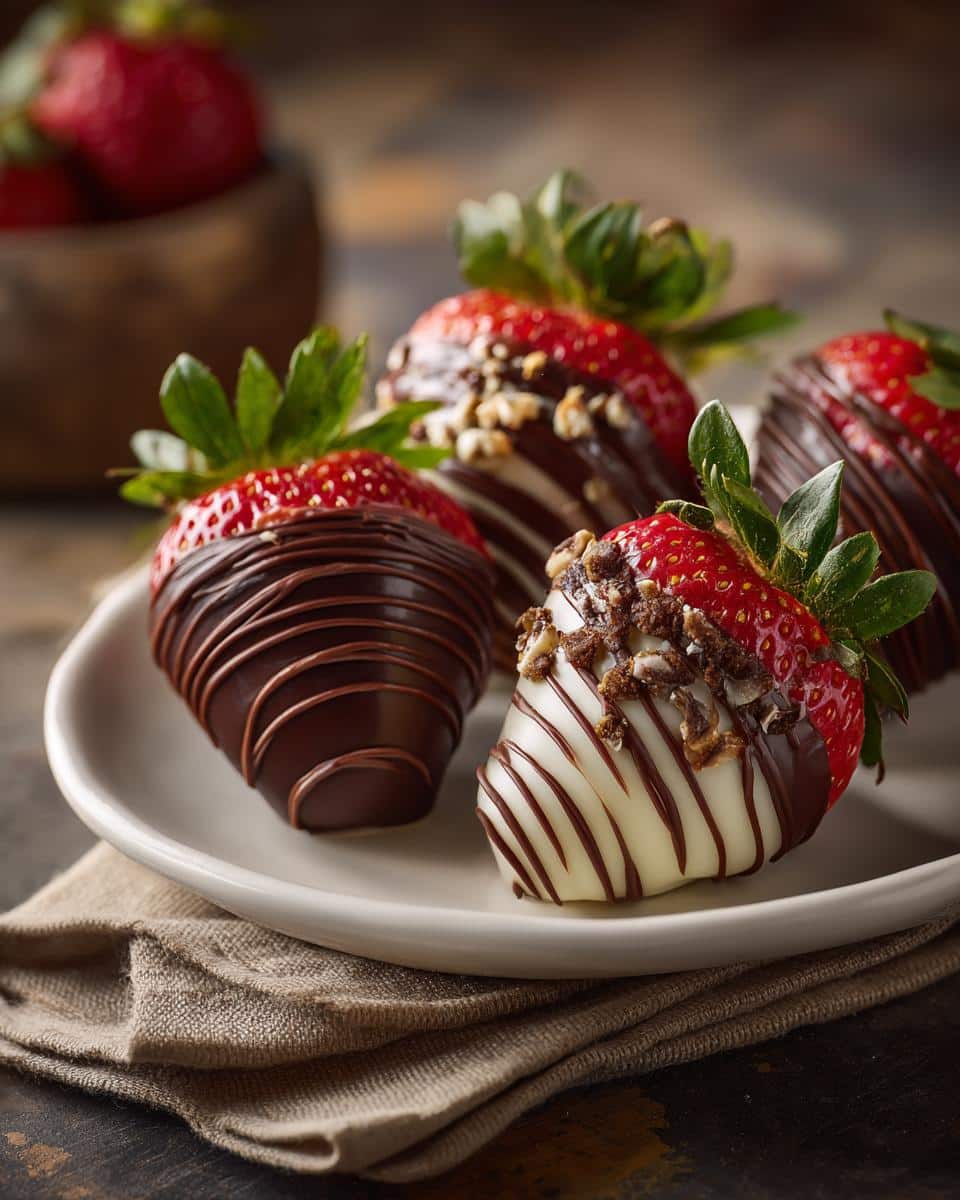 A plate of delicious Easter chocolate covered strawberries with various chocolate and nut toppings.