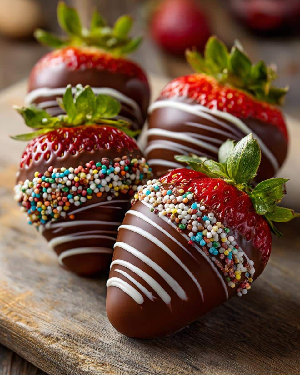 Four Easter chocolate covered strawberries decorated with sprinkles and white chocolate drizzle.