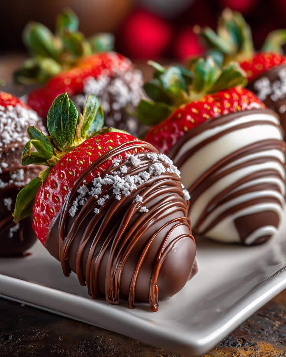 Close-up of Easter chocolate covered strawberries with various chocolate and sprinkle decorations on a white plate.