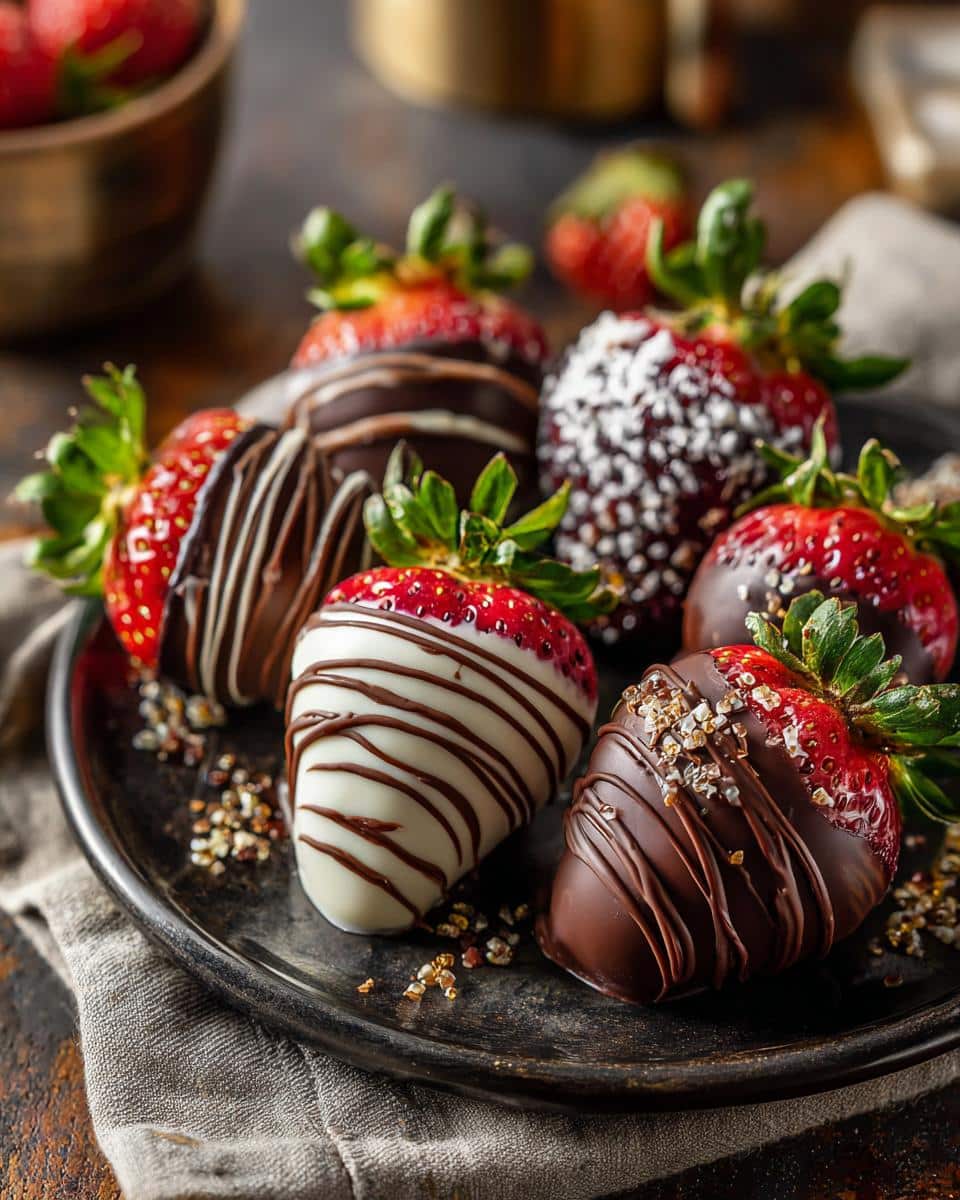 A plate of assorted Easter chocolate covered strawberries with dark, white, and sprinkled chocolate.