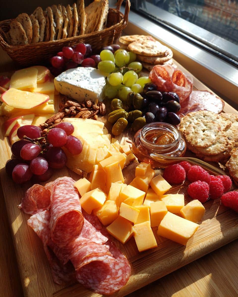 A colorful charcuterie board featuring cheese, salami, grapes, crackers, and raspberries.