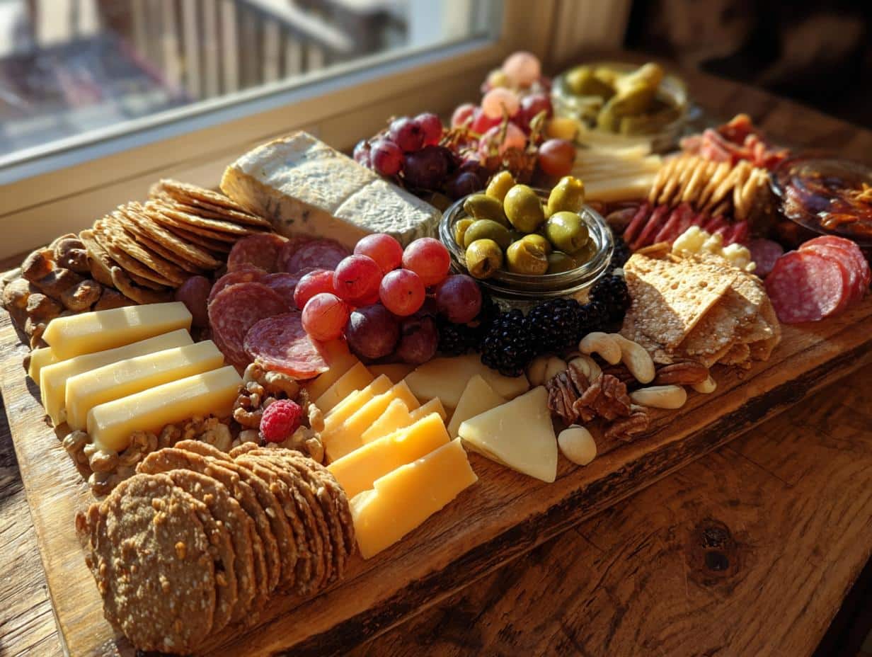 Overhead view of a beautiful charcuterie board filled with cheeses, meats, fruits, crackers, and nuts.