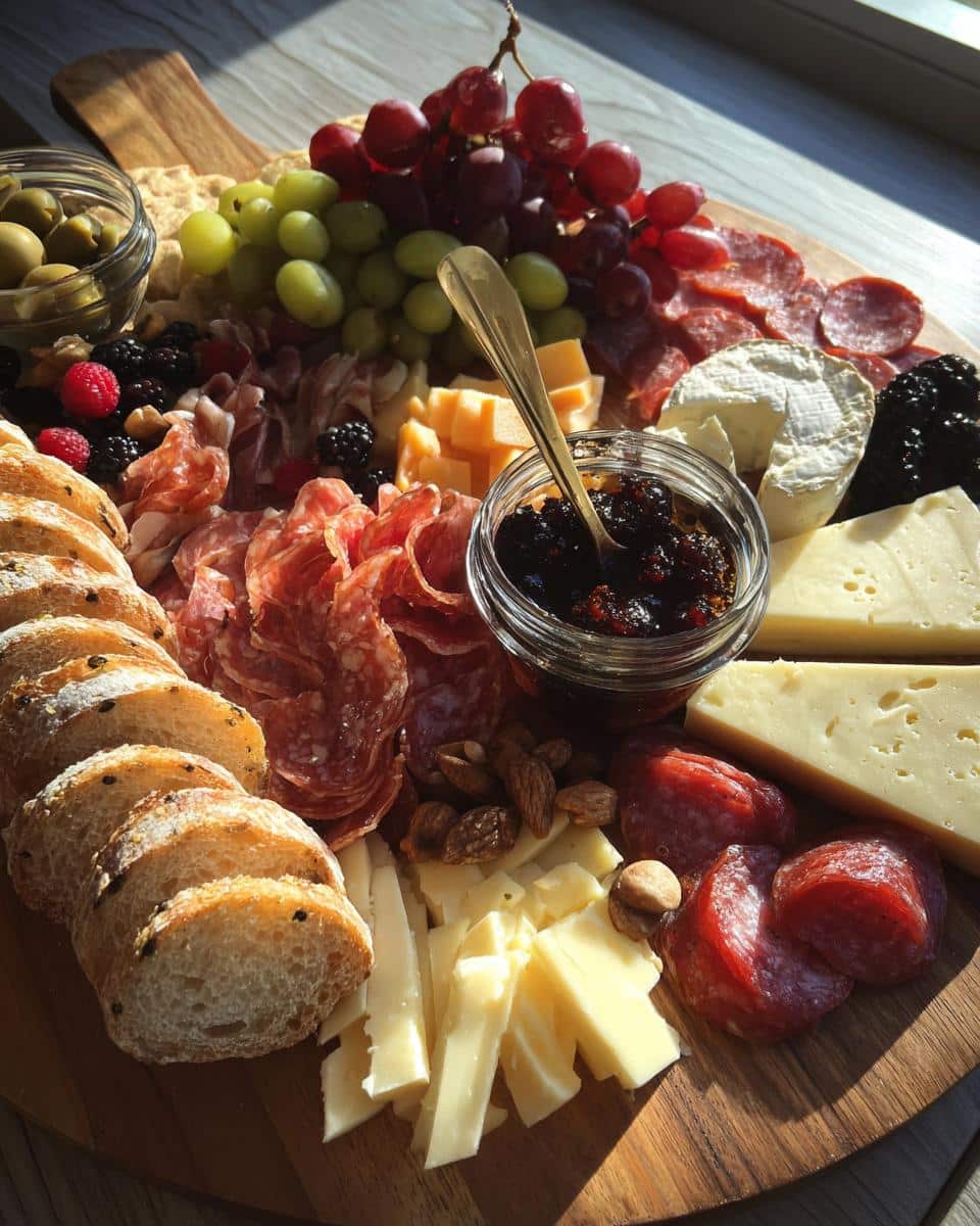 A beautifully arranged charcuterie board featuring various meats, cheeses, fruits, bread, and olives.