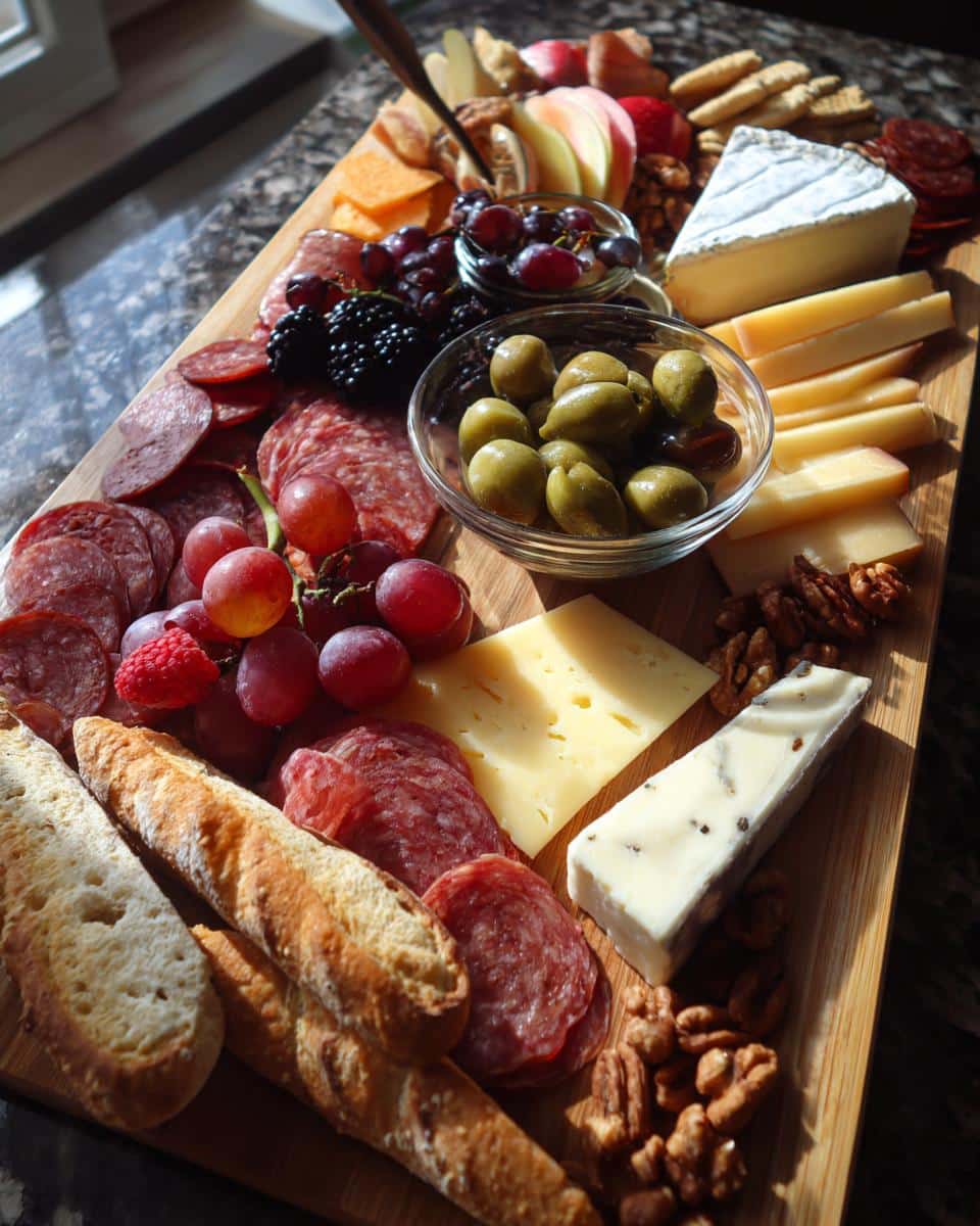 Overhead shot of an easy charcuterie board filled with cheeses, meats, olives, fruit, and bread.