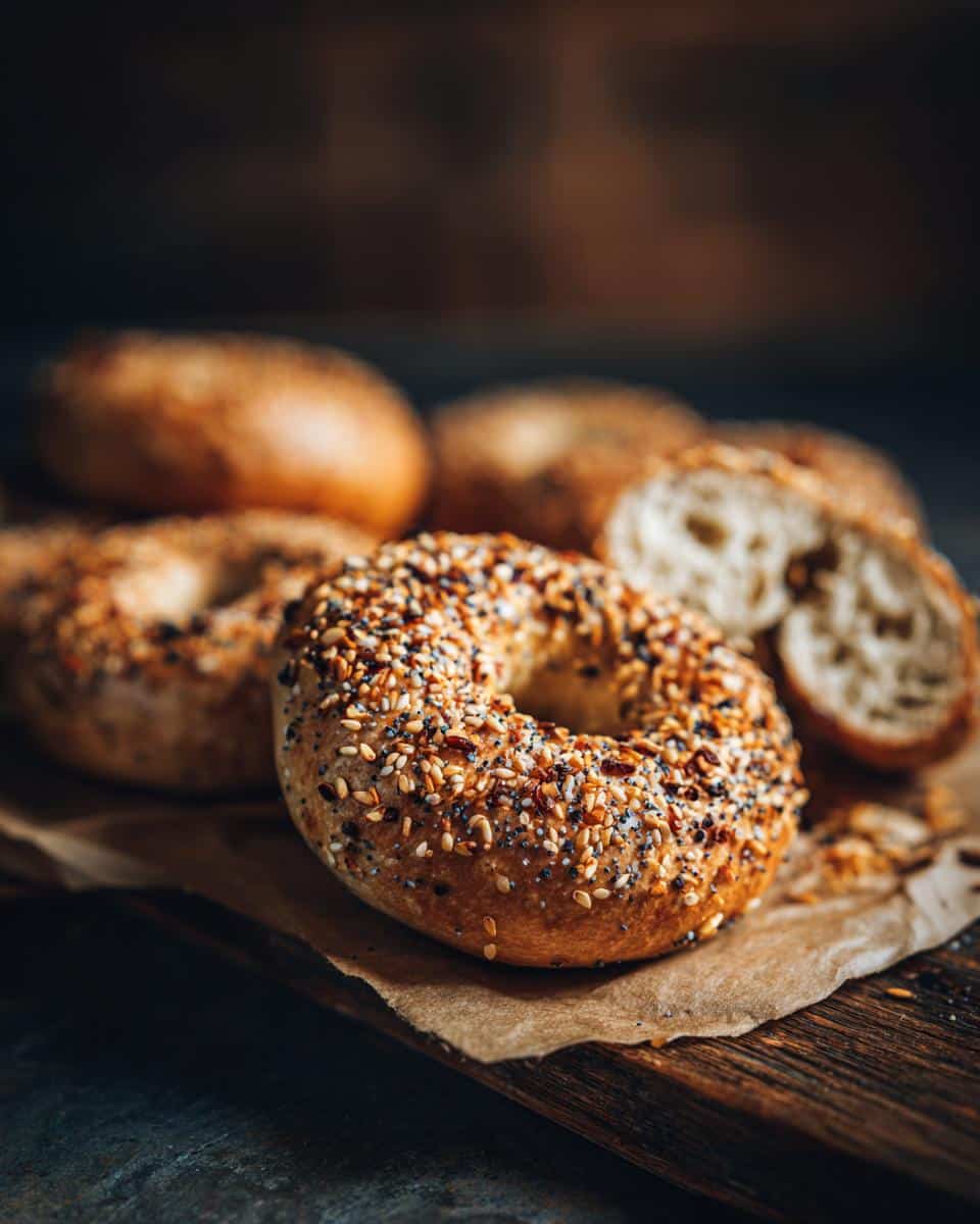 Close-up of everything protein bagels on a wooden board with parchment paper. One bagel is sliced in half.