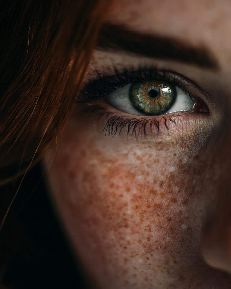 Detailed close-up of a green eye with freckled skin, used in a Baby in Bloom Cookies article.