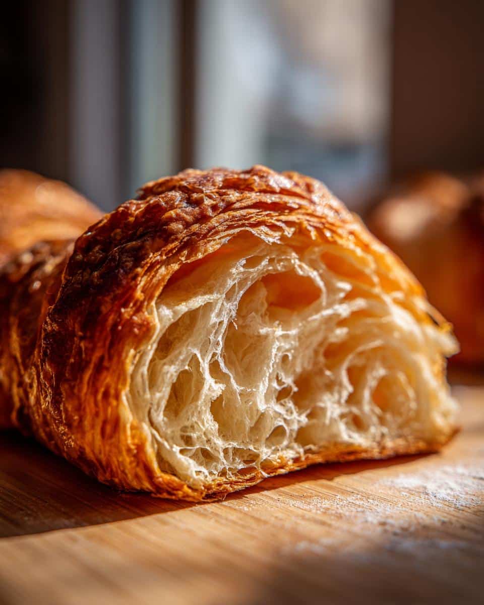 Close-up of the inside of a croissant, showcasing its flaky layers. Part of our croissant recipes collection.
