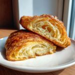 A close-up of a croissant cut in half, showcasing its flaky layers. Part of our delicious croissant recipes collection.