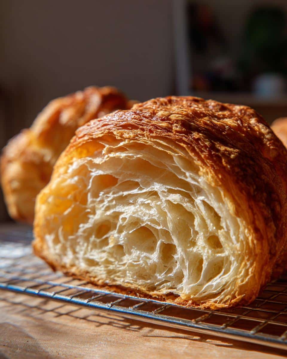 Close-up of a croissant cut in half, showcasing its flaky layers. Part of our delicious croissant recipes collection.