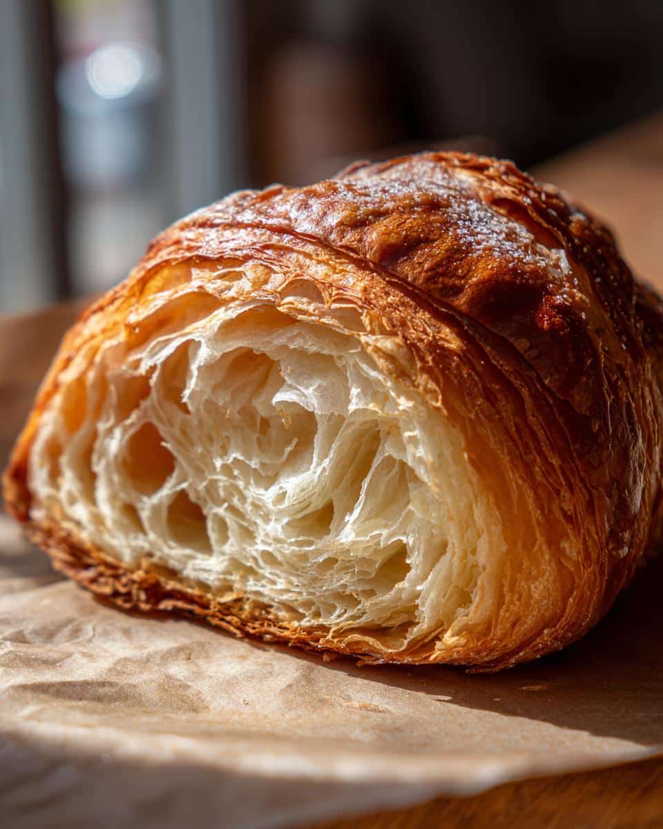 A cross-section view of a croissant showcasing its flaky layers, relevant to croissant recipes.