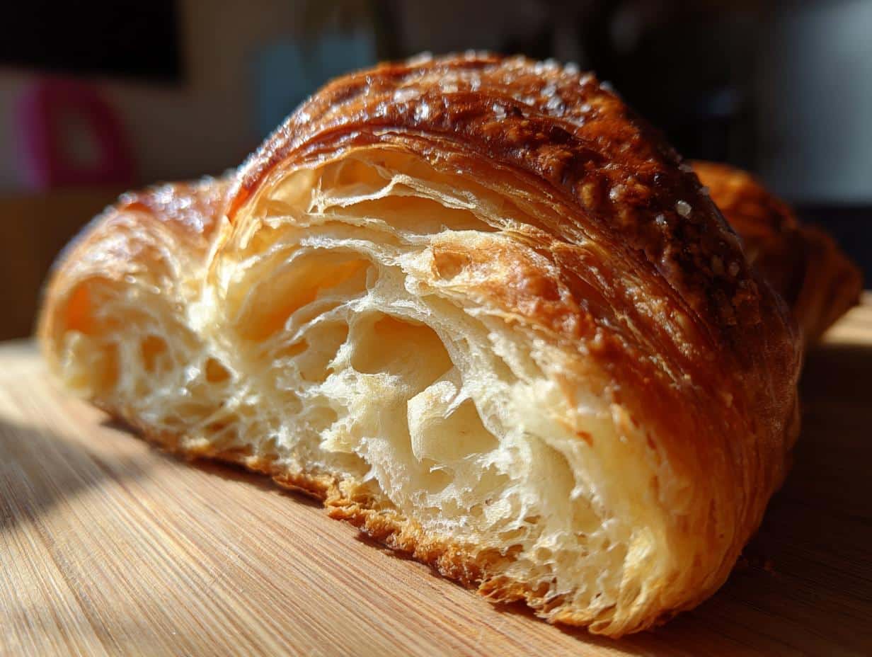 Close-up of a sliced croissant showcasing its flaky layers, perfect for croissant recipes.