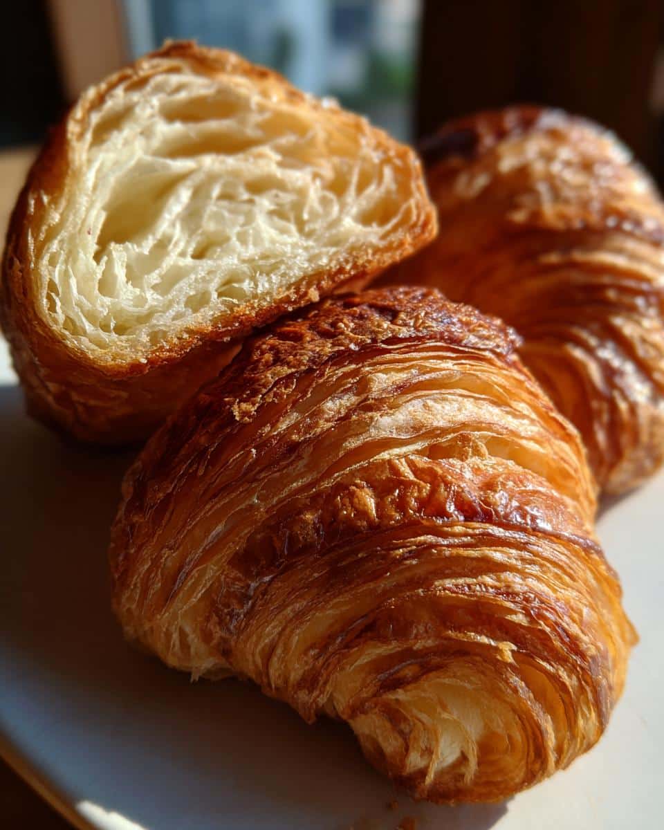 Close-up of golden brown croissants, one cut open to show the flaky layers. Perfect for croissant recipes.