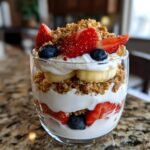 A glass parfait featuring layers of fluffy yogurt, granola, strawberries, blueberries, and banana slices.