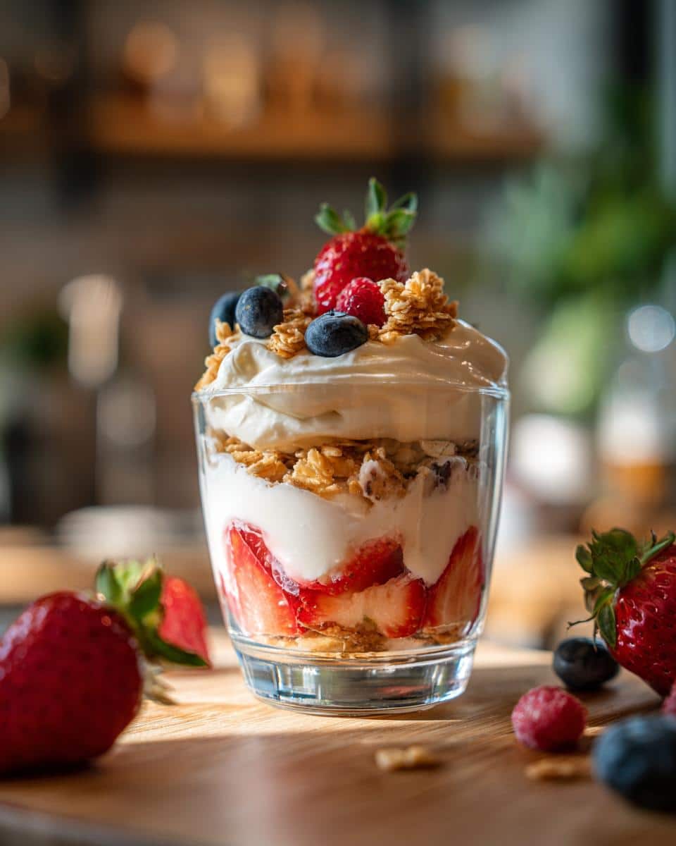 A glass parfait featuring layers of fluffy yogurt, granola, and fresh strawberries, blueberries, and raspberries.