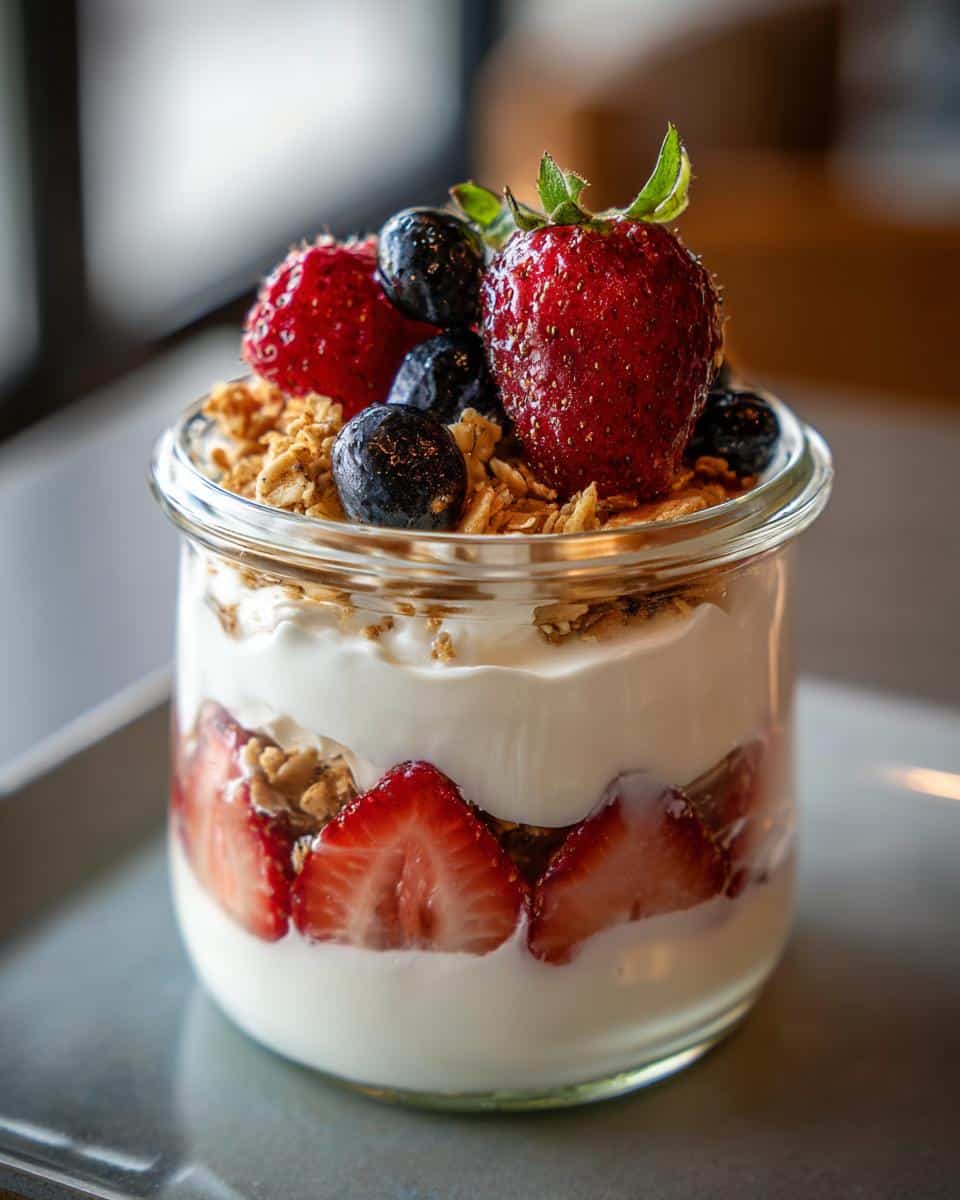 A glass jar filled with fluffy yogurt, granola, strawberries, and blueberries.