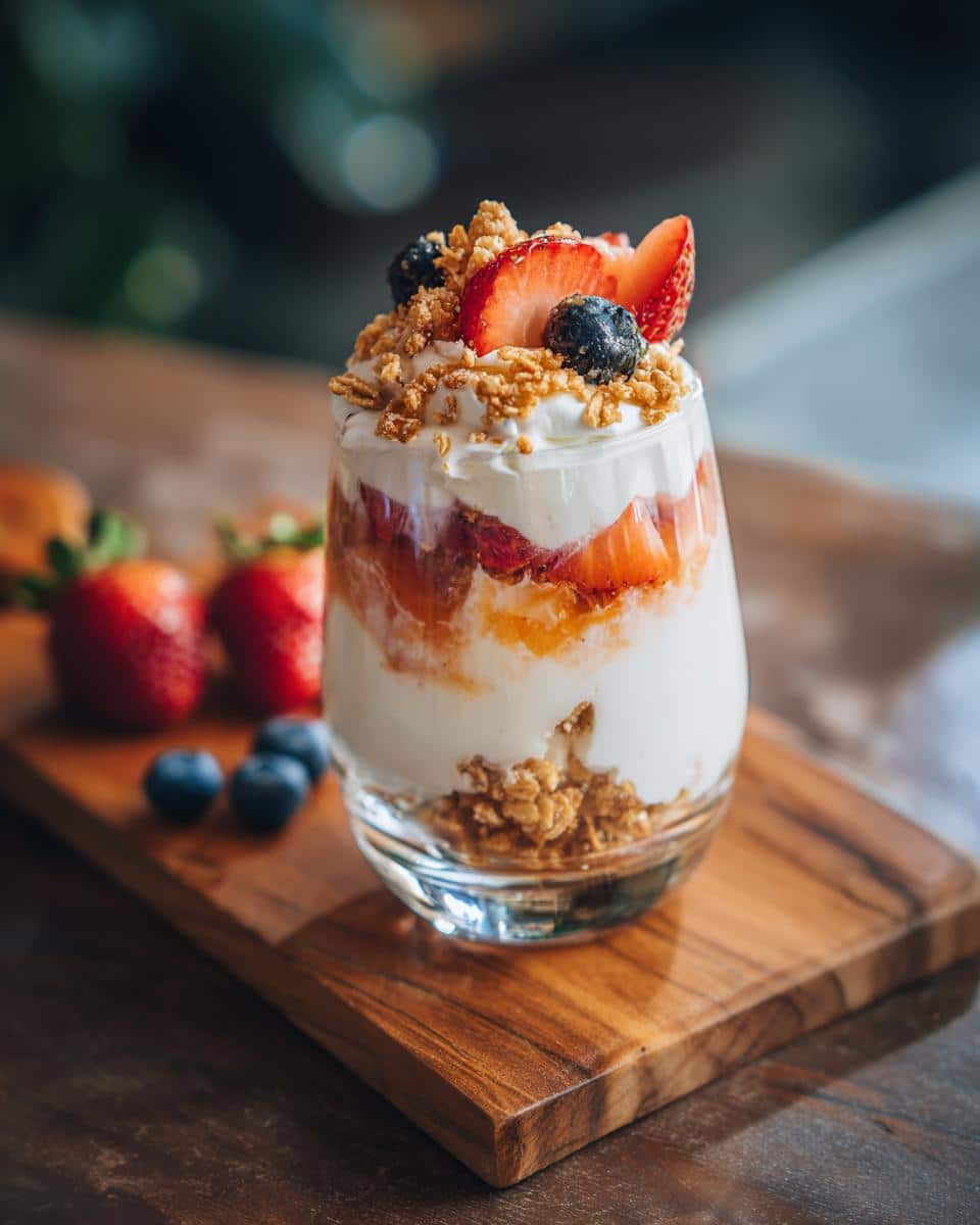 A glass parfait of fluffy yogurt layered with strawberries, blueberries, and granola on a wooden board.