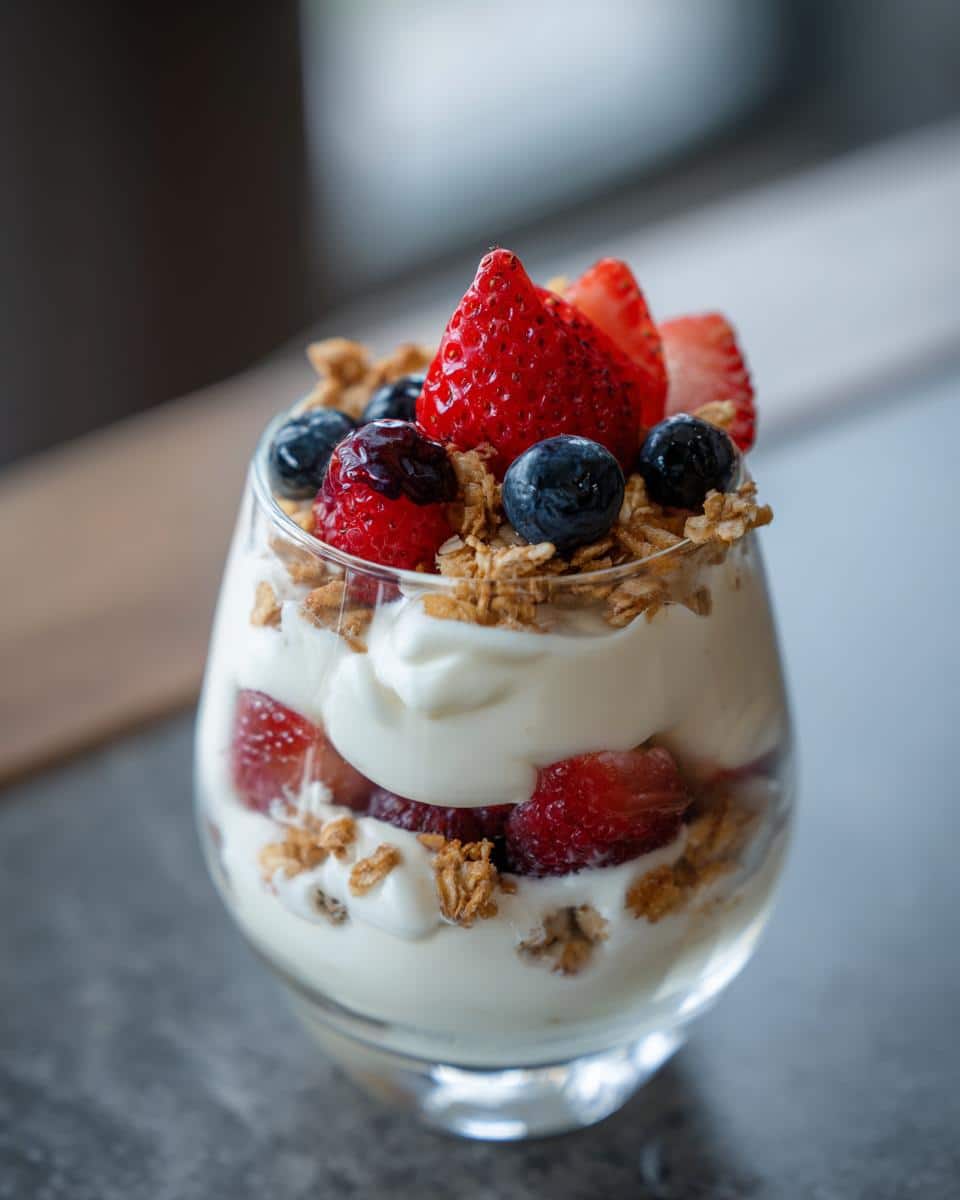 A glass parfait layered with fluffy yogurt, granola, strawberries, and blueberries. A healthy and delicious treat.