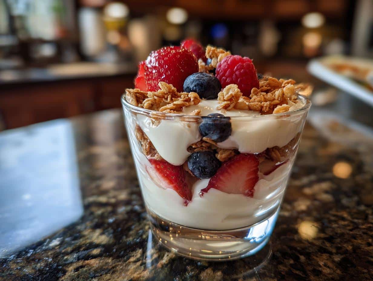 A glass parfait layered with fluffy yogurt, granola, strawberries, blueberries, and raspberries.