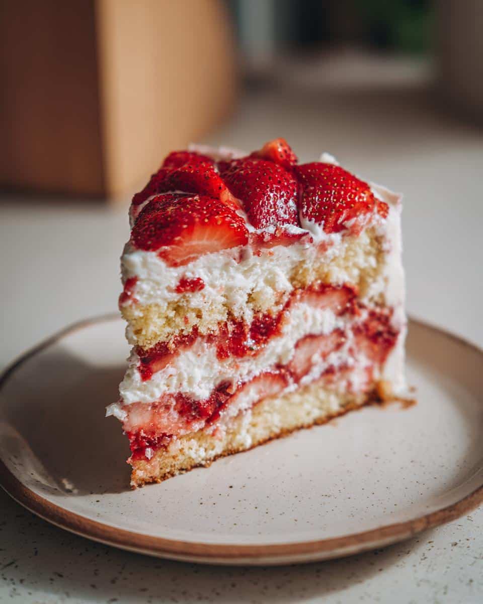 A delicious slice of strawberry cake, showcasing layers of sponge, cream, and fresh strawberries. Fresh strawberry recipes.