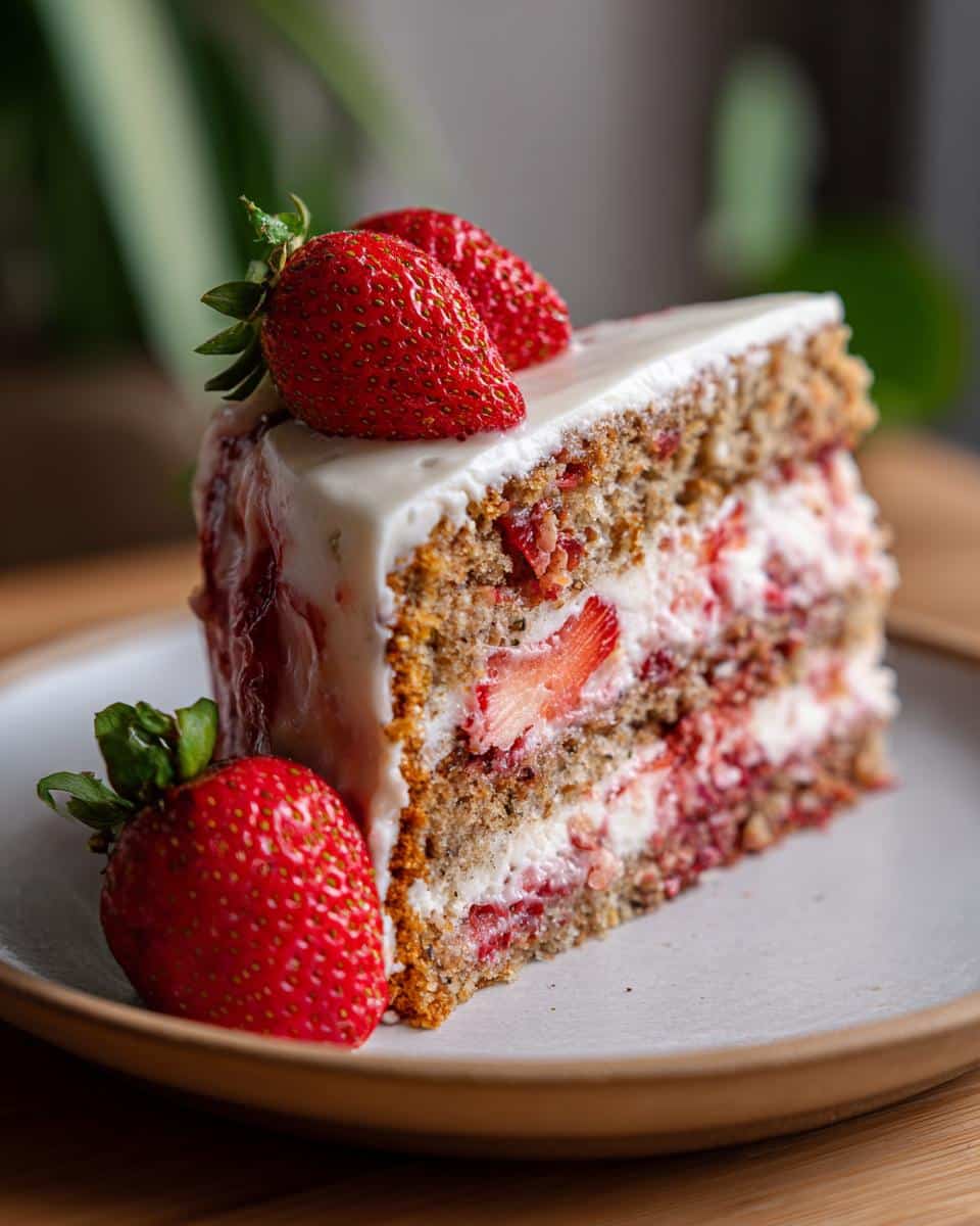 A delicious slice of strawberry cake, showcasing layers of fresh strawberries and cream, part of fresh strawberry recipes.