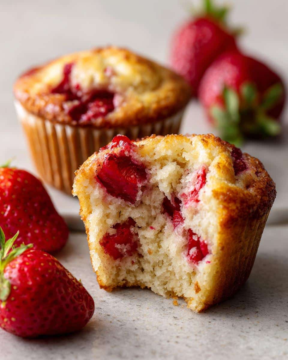 Close-up of a partially eaten strawberry muffin, revealing fresh strawberries inside, with whole strawberries around it.