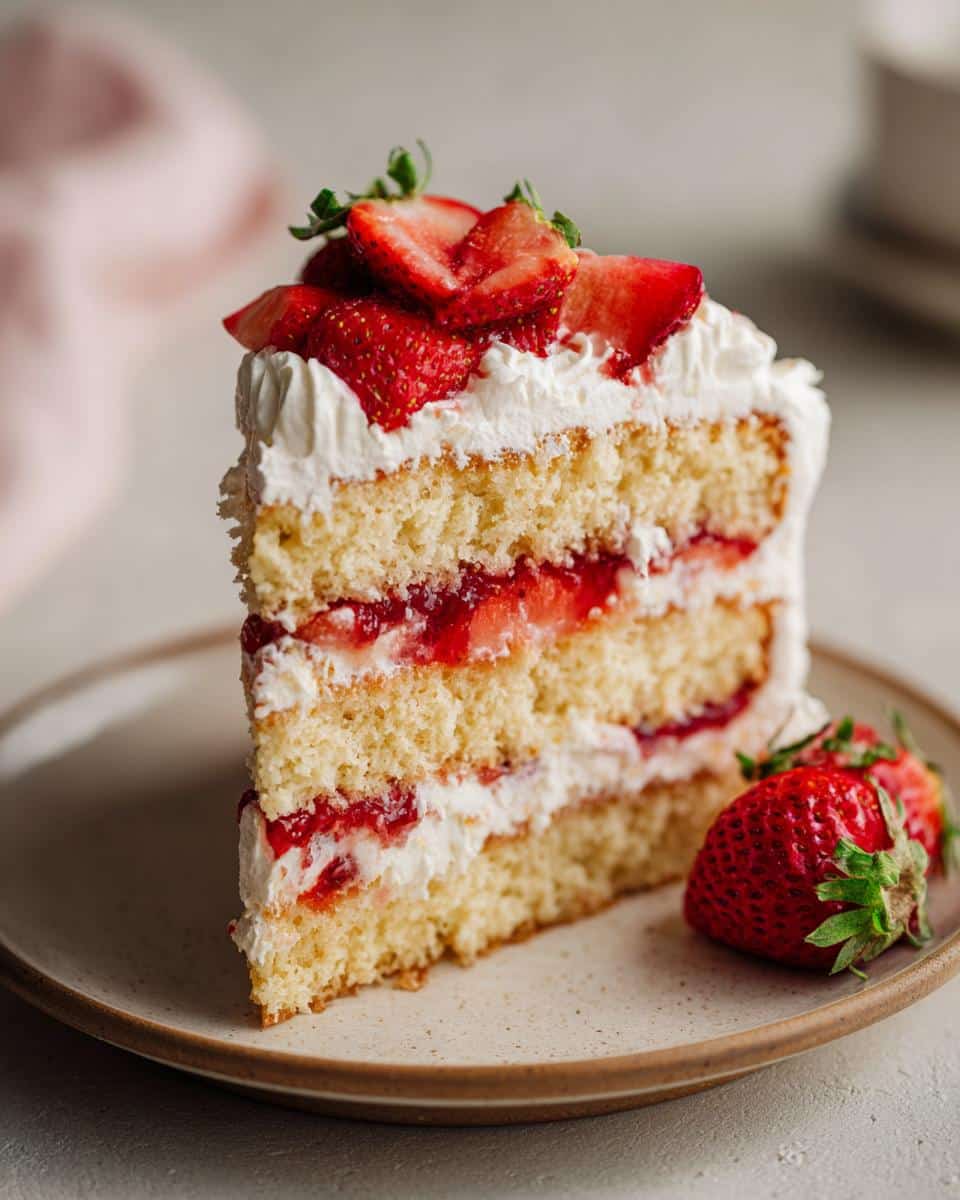 A slice of layered strawberry cake with whipped cream and fresh strawberries. One of our favorite fresh strawberry recipes.