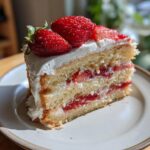 A slice of layered strawberry cake with whipped cream frosting and fresh strawberries. One of our favorite fresh strawberry recipes.