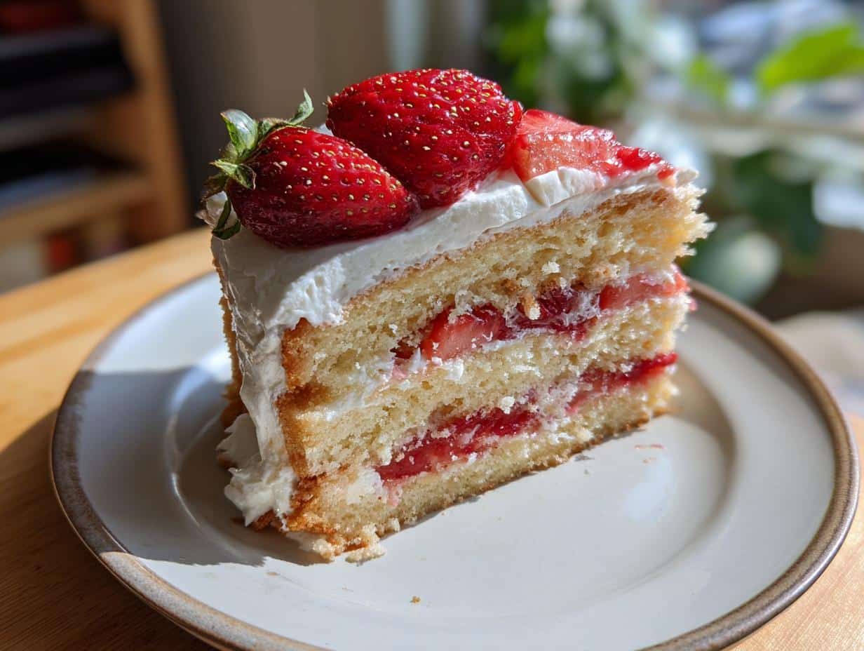 A slice of layered strawberry cake with whipped cream frosting and fresh strawberries. One of our favorite fresh strawberry recipes.