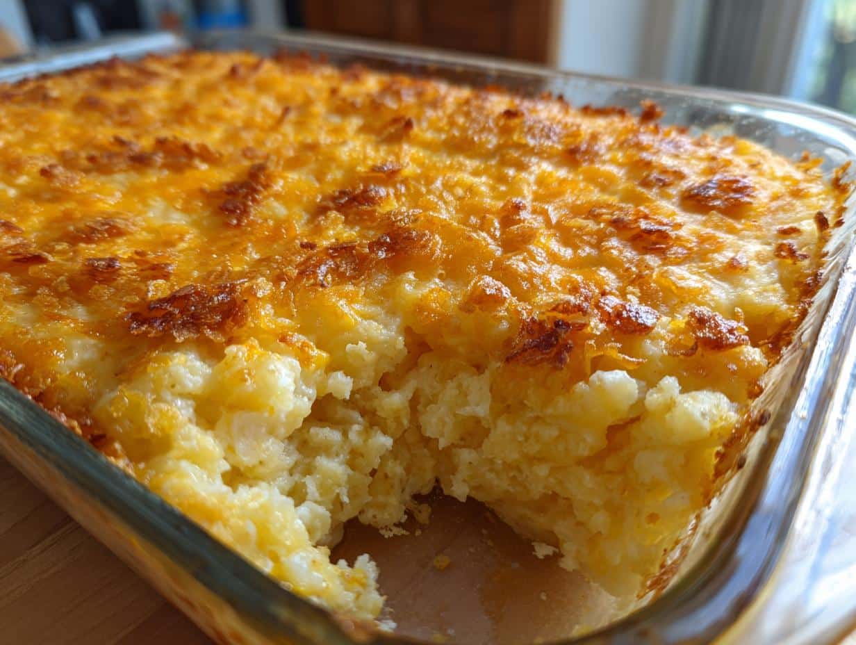 Golden brown funeral potatoes with hashbrowns in a glass baking dish, showing a portion scooped out.