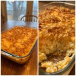 Delicious funeral potatoes with hashbrowns casserole in a glass baking dish, topped with a crispy cornflake topping.