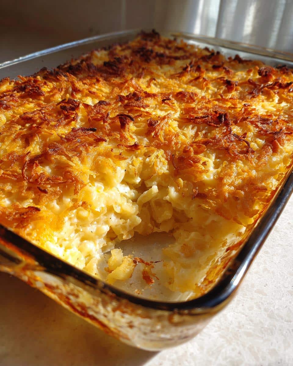 Golden brown funeral potatoes with hashbrowns in a glass baking dish, ready to be served.