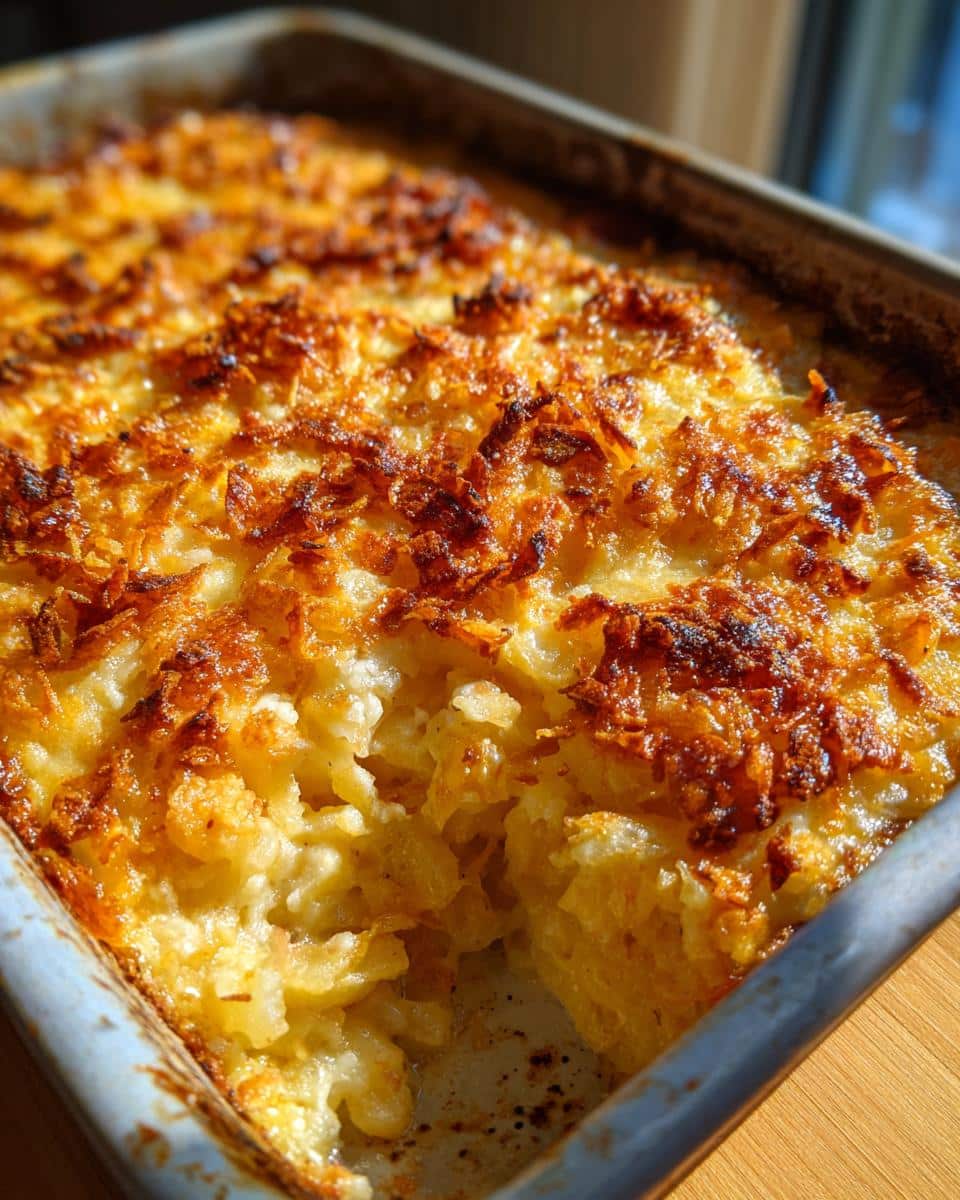 Golden brown funeral potatoes with hashbrowns in a baking dish, partially scooped out.