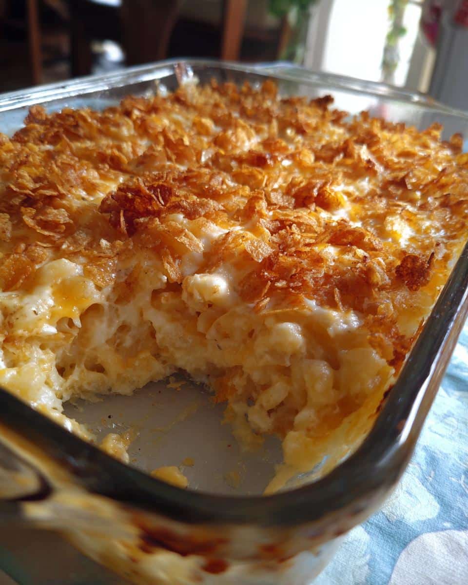 Close-up of funeral potatoes with hashbrowns in a glass baking dish, topped with crispy cornflakes.