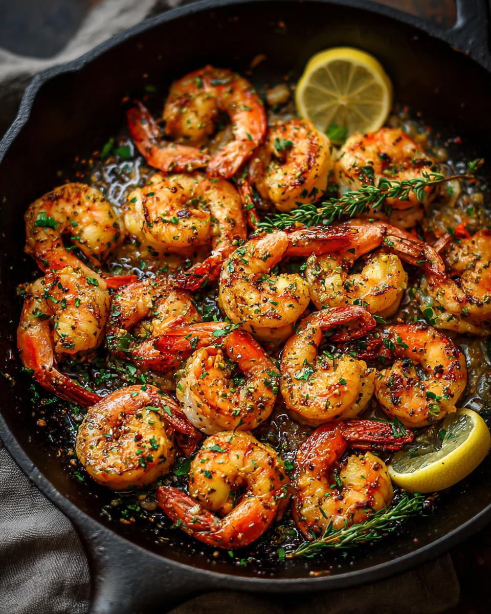 Garlic herb shrimp recipe cooked in a cast iron pan, garnished with lemon wedges and fresh herbs.