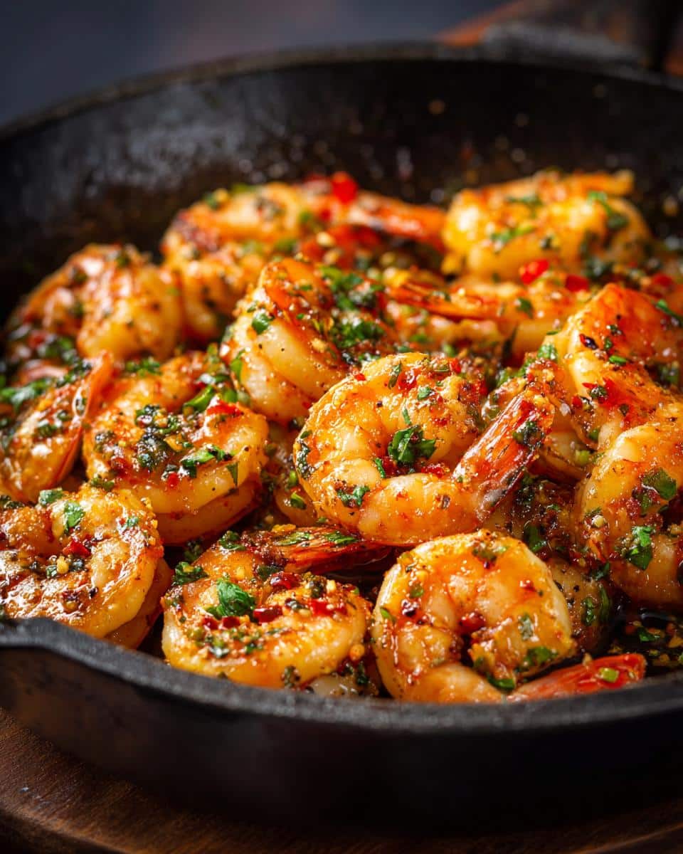 Close-up of flavorful garlic shrimp recipes cooked in a cast iron skillet, garnished with fresh herbs.