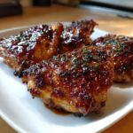 Close-up of glazed chicken thigh recipes on a white plate, garnished with herbs. Ready to eat.
