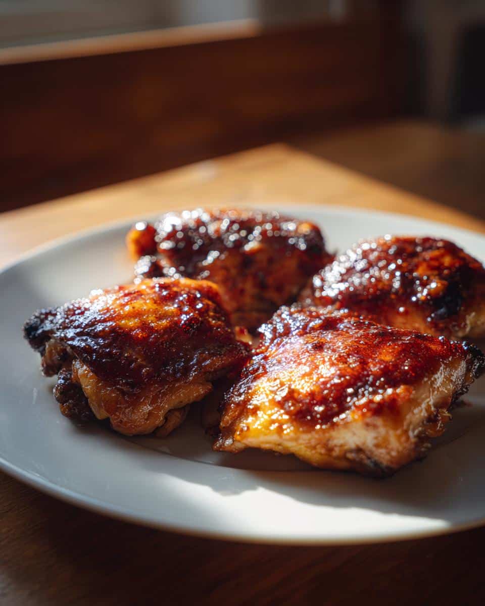 Four glazed chicken thigh recipes on a white plate, showcasing their caramelized texture and rich color.