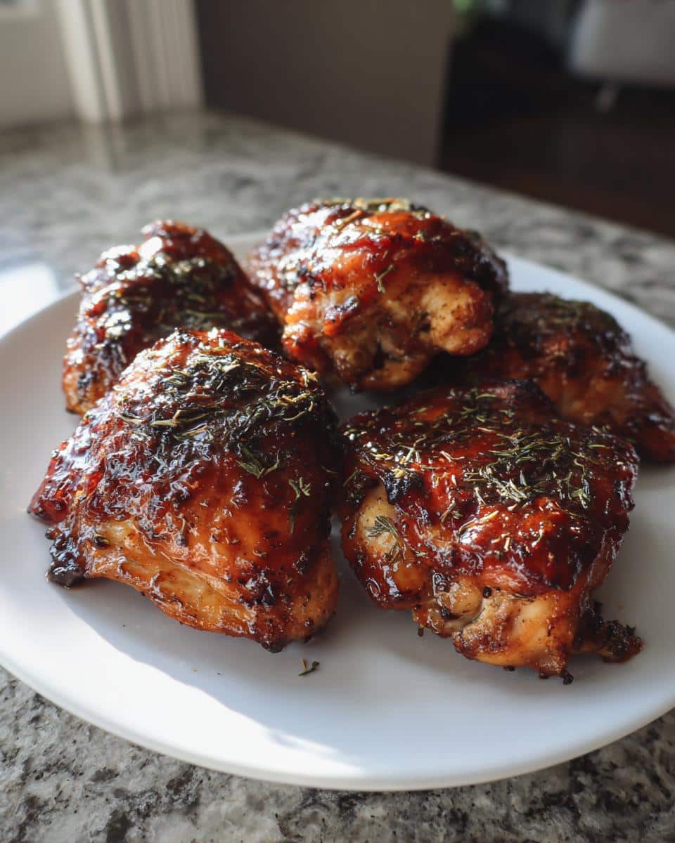 Five glazed chicken thigh recipes on a white plate, garnished with herbs, ready to serve.