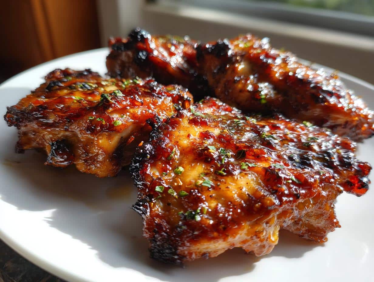 Close-up of glazed chicken thigh recipes on a white plate, garnished with herbs and glistening in the sunlight.