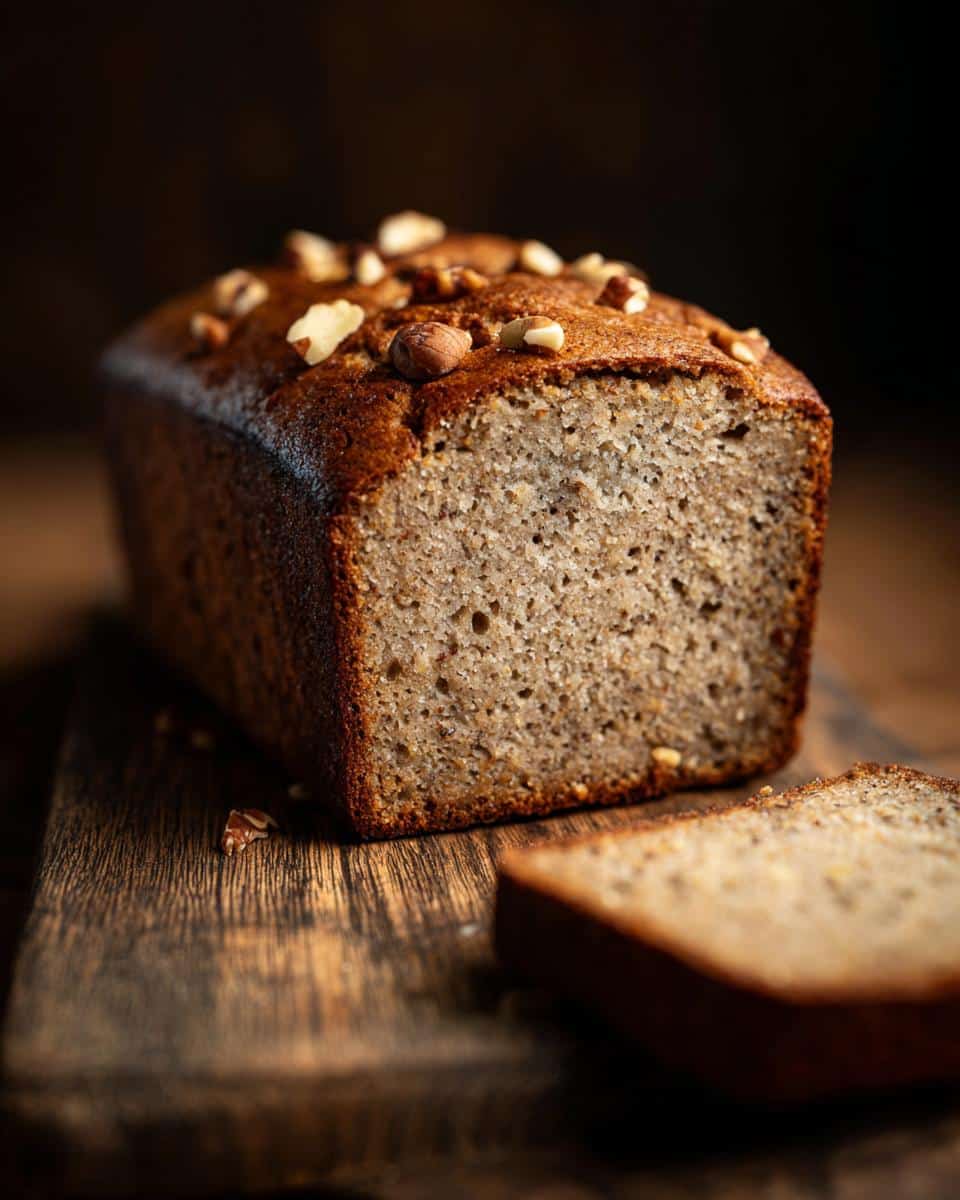 A loaf of Gluten Free Banana Bread with nuts on a wooden board, with a slice cut.