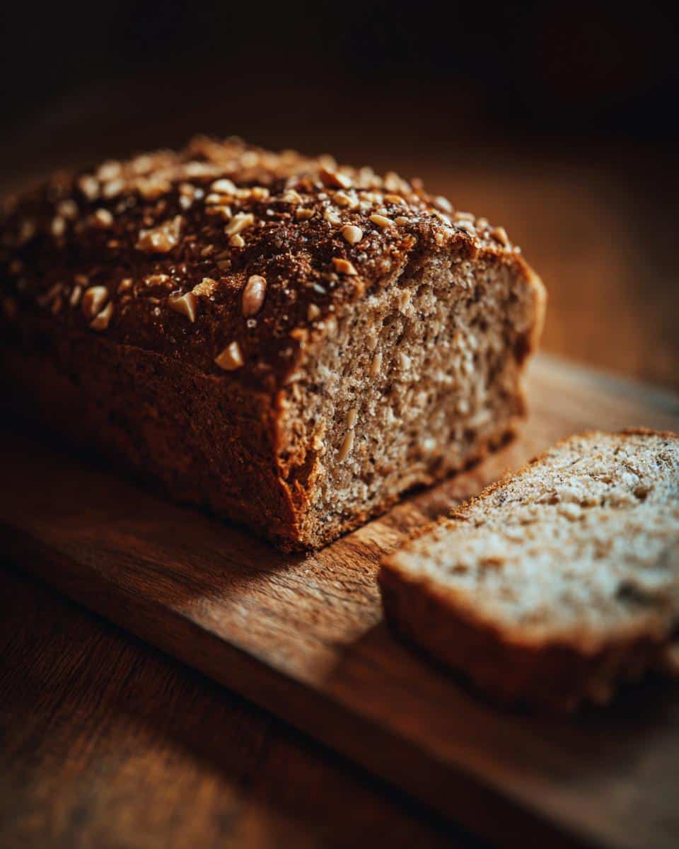 A loaf of Gluten Free Banana Bread with nuts on a wooden board, with a slice cut off.