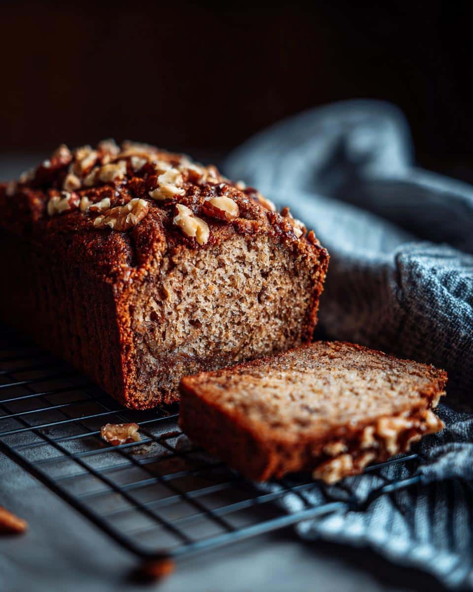 A loaf of Gluten Free Banana Bread with walnuts, and a slice cut, sitting on a wire rack.