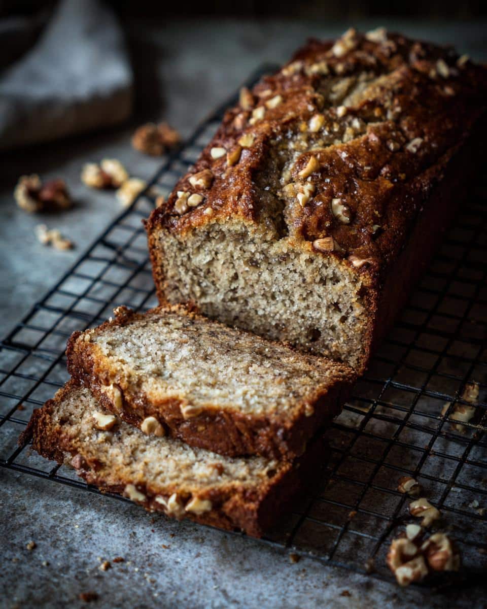 A loaf of Gluten Free Banana Bread sliced on a wire rack, topped with chopped nuts.