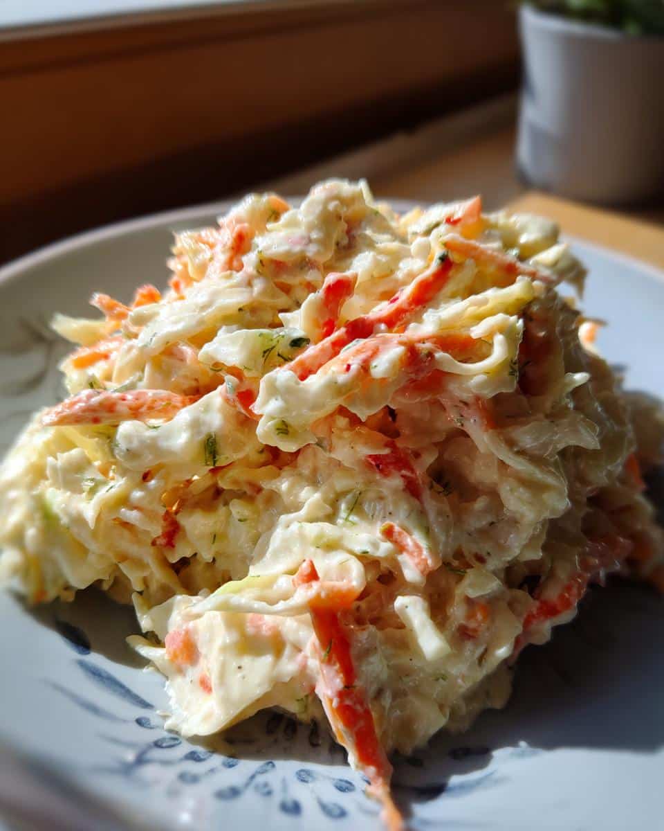 Close-up of coleslaw featuring cabbage, carrots, and Grandma's secret coleslaw dressing on a patterned plate.