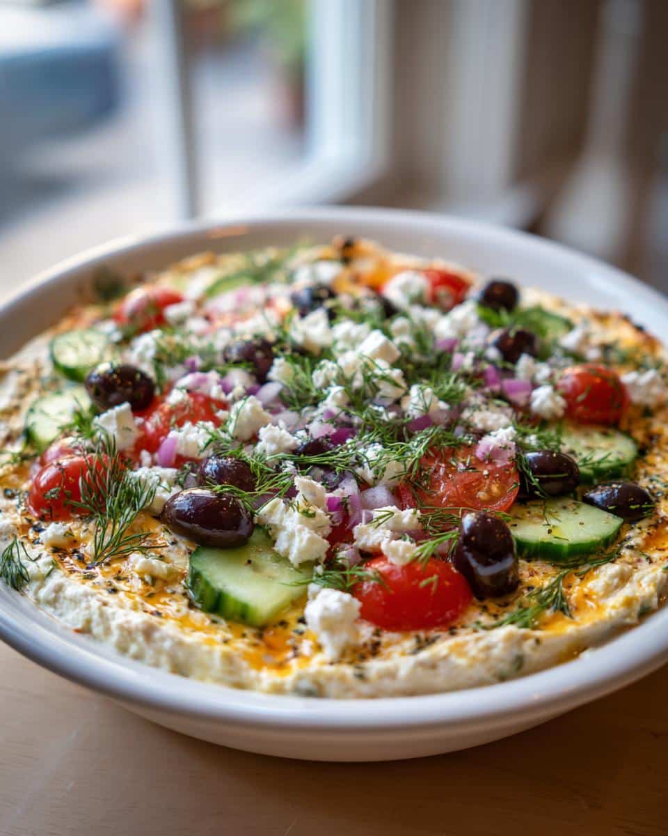 A vibrant Greek Layer Dip featuring feta, olives, tomatoes, cucumbers, and red onion in a white dish.