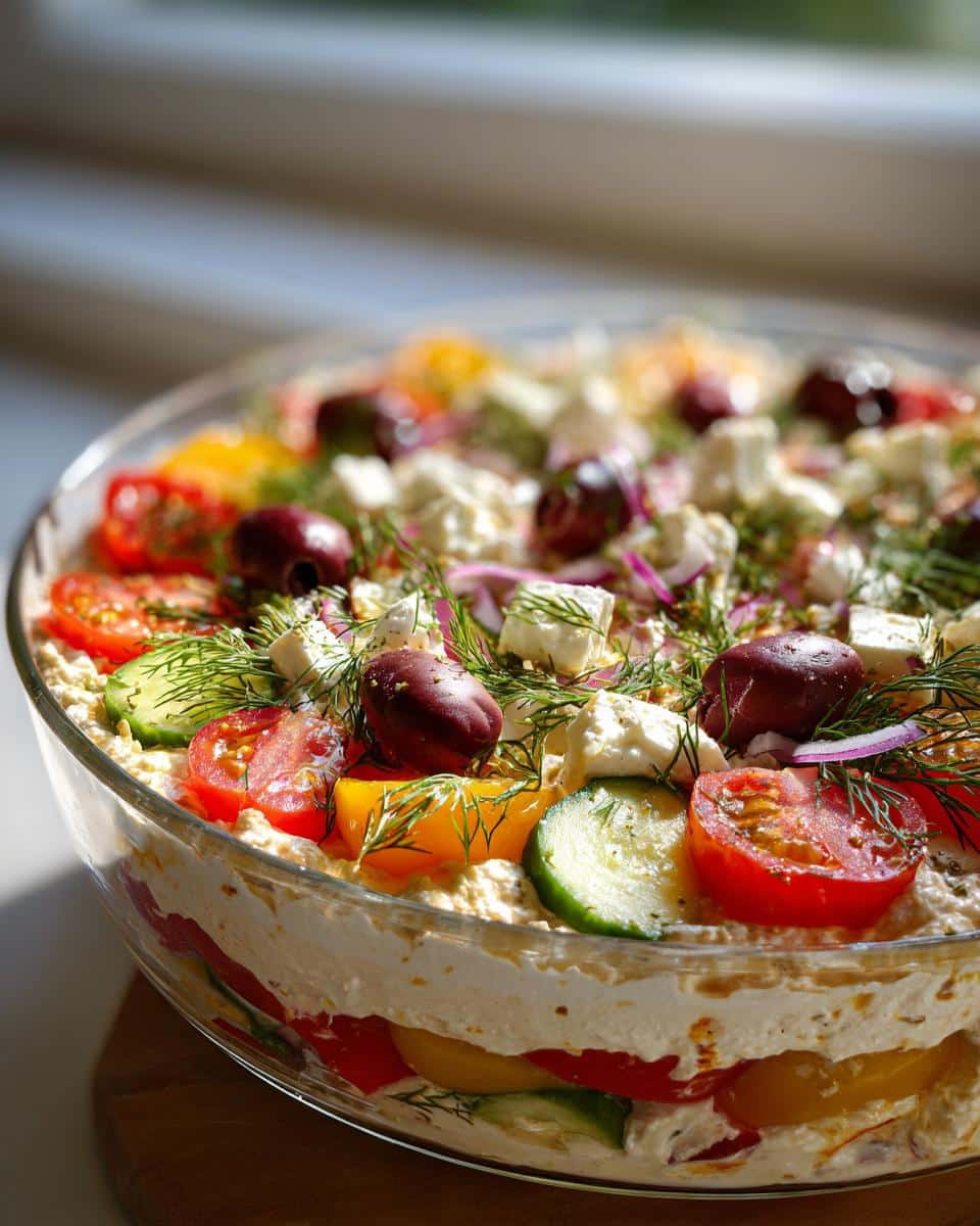 Close-up of a vibrant 7 Layer Greek Layer Dip in a glass bowl, showcasing the colorful layers and toppings.