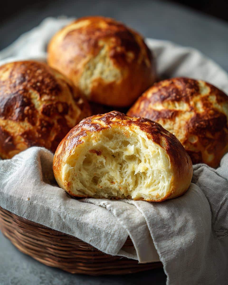 Close-up of golden brown Greek yogurt bagels in a basket, one bagel broken open to show the inside texture.