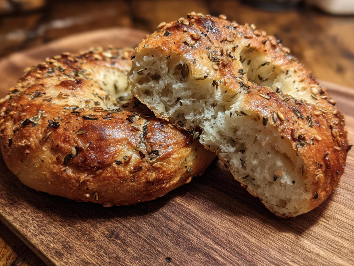 Two homemade Greek yogurt bagels, one sliced open, showing the texture. Topped with everything bagel seasoning.